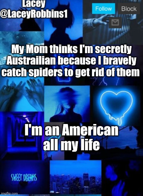 Lacey announcement template | My Mom thinks I'm secretly Austrailian because I bravely catch spiders to get rid of them; I'm an American all my life | image tagged in lacey announcement template | made w/ Imgflip meme maker