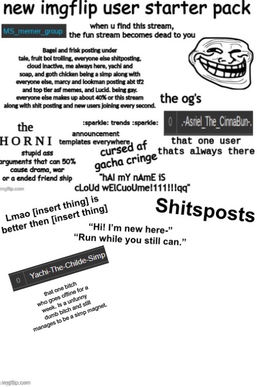that one bitch who goes offline for a week. Is a unfunny  dumb bitch and still manages to be a simp magnet. | made w/ Imgflip meme maker