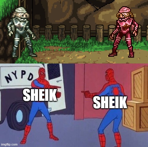 SHEIK; SHEIK | image tagged in spiderman pointing at spiderman | made w/ Imgflip meme maker