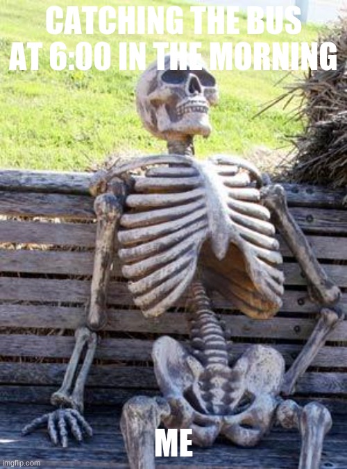 Waiting Skeleton | CATCHING THE BUS AT 6:00 IN THE MORNING; ME | image tagged in memes,waiting skeleton | made w/ Imgflip meme maker