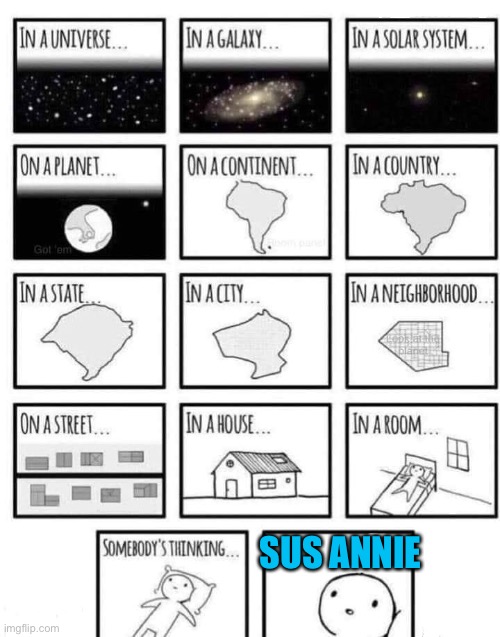 when he tells you to stop calling him sus annie, use this | SUS ANNIE | image tagged in somewhere | made w/ Imgflip meme maker