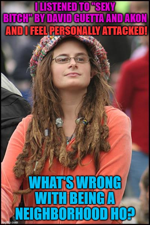 I'm tryna find the words to describe this girl without being disrespectful... | I LISTENED TO "SEXY BITCH" BY DAVID GUETTA AND AKON; AND I FEEL PERSONALLY ATTACKED! WHAT'S WRONG WITH BEING A NEIGHBORHOOD HO? | image tagged in memes,college liberal,song,lyrics,feminist,neighborhood | made w/ Imgflip meme maker