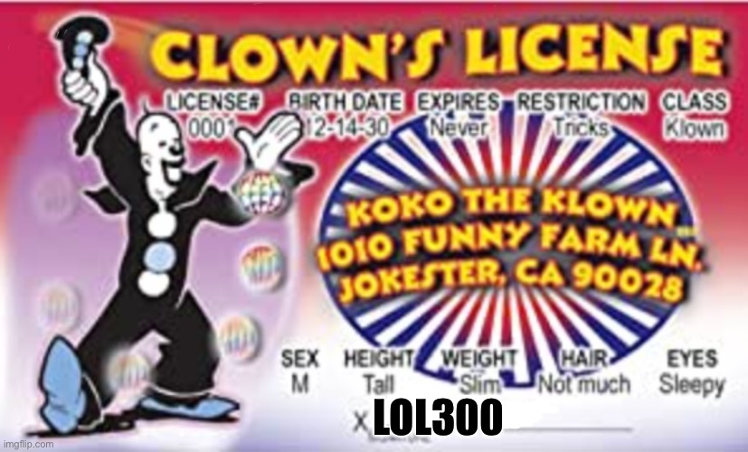Clown drivers license | LOL300 | image tagged in clown drivers license | made w/ Imgflip meme maker
