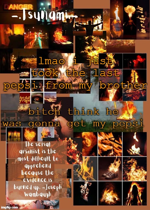 ARSON | lmao i just took the last pepsi from my brother; bitch think he was gonna get my pepsi | image tagged in arson | made w/ Imgflip meme maker