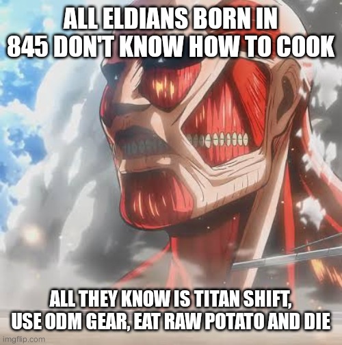 He be spitting facts | ALL ELDIANS BORN IN 845 DON'T KNOW HOW TO COOK; ALL THEY KNOW IS TITAN SHIFT, USE ODM GEAR, EAT RAW POTATO AND DIE | image tagged in attack on titan,anime meme | made w/ Imgflip meme maker