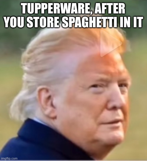 Spaghetti face | TUPPERWARE, AFTER YOU STORE SPAGHETTI IN IT | image tagged in spaghetti,trump hair | made w/ Imgflip meme maker