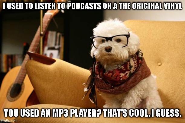 Podcasts on Vinyl | I USED TO LISTEN TO PODCASTS ON A THE ORIGINAL VINYL; YOU USED AN MP3 PLAYER? THAT'S COOL, I GUESS. | image tagged in vinyl,hipster,pupper,podcast | made w/ Imgflip meme maker