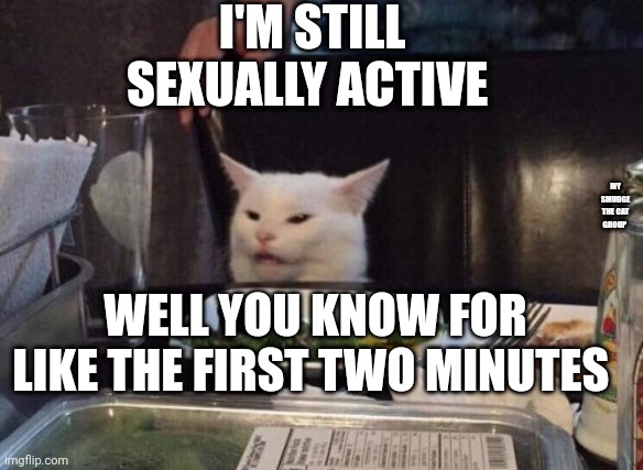 Salad cat | I'M STILL SEXUALLY ACTIVE; MY SMUDGE THE CAT GROUP; WELL YOU KNOW FOR LIKE THE FIRST TWO MINUTES | image tagged in salad cat | made w/ Imgflip meme maker
