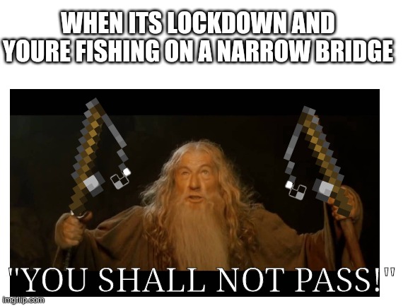 Ah brings back memories | WHEN ITS LOCKDOWN AND YOURE FISHING ON A NARROW BRIDGE; "YOU SHALL NOT PASS!" | image tagged in social distancing,fishing,gandalf you shall not pass,lord of the rings | made w/ Imgflip meme maker