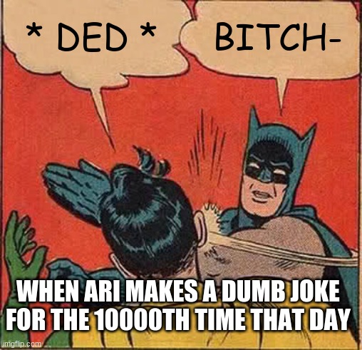 love you sis <3 | * DED *; BITCH-; WHEN ARI MAKES A DUMB JOKE FOR THE 10000TH TIME THAT DAY | image tagged in memes,batman slapping robin,sibling rivalry,dumb people | made w/ Imgflip meme maker