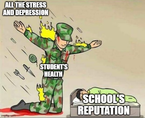 School be like | ALL THE STRESS AND DEPRESSION; STUDENT'S HEALTH; SCHOOL'S REPUTATION | image tagged in soldier protecting sleeping child,school sucks | made w/ Imgflip meme maker
