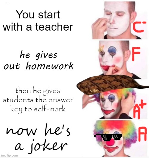 weird teachers | You start with a teacher; he gives out homework; then he gives students the answer key to self-mark; now he's  a joker | image tagged in memes,teachers | made w/ Imgflip meme maker