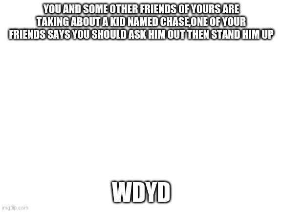 Blank White Template | YOU AND SOME OTHER FRIENDS OF YOURS ARE TAKING ABOUT A KID NAMED CHASE,ONE OF YOUR FRIENDS SAYS YOU SHOULD ASK HIM OUT THEN STAND HIM UP; WDYD | image tagged in blank white template | made w/ Imgflip meme maker