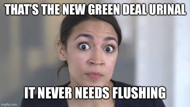 Crazy Alexandria Ocasio-Cortez | THAT’S THE NEW GREEN DEAL URINAL IT NEVER NEEDS FLUSHING | image tagged in crazy alexandria ocasio-cortez | made w/ Imgflip meme maker