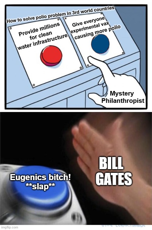 Bill Gates... the multi-billionaire psychopath | How to solve polio problem in 3rd world countries; Give everyone experimental vax; Provide millions for clean water infrastructure; causing more polio; Mystery 
Philanthropist; BILL    GATES; Eugenics bitch!
**slap** | image tagged in two buttons 1 blue,bill gates,bill gates loves vaccines,3rd world countries,bill gates vaccinating 3rd world,polio vax | made w/ Imgflip meme maker