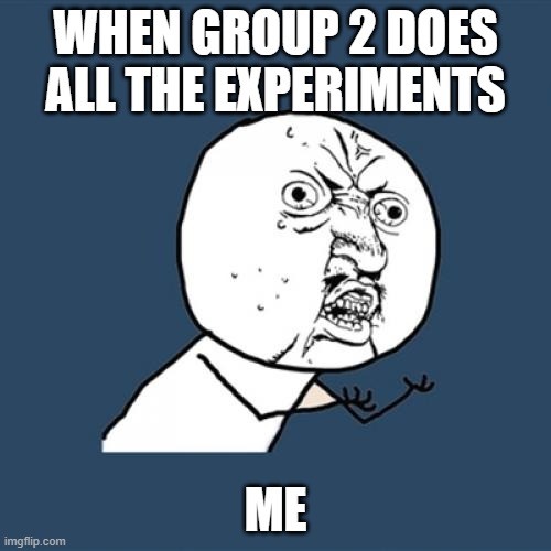 Y U No | WHEN GROUP 2 DOES ALL THE EXPERIMENTS; ME | image tagged in memes,y u no | made w/ Imgflip meme maker