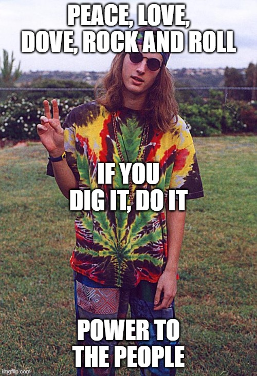 Hippie Logic | PEACE, LOVE, DOVE, ROCK AND ROLL; IF YOU DIG IT, DO IT; POWER TO THE PEOPLE | image tagged in hippie,peace,love | made w/ Imgflip meme maker