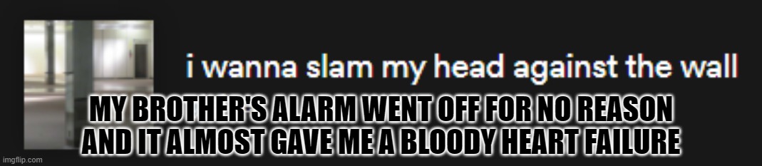 I wanna slam my head against the wall | MY BROTHER'S ALARM WENT OFF FOR NO REASON AND IT ALMOST GAVE ME A BLOODY HEART FAILURE | image tagged in i wanna slam my head against the wall | made w/ Imgflip meme maker