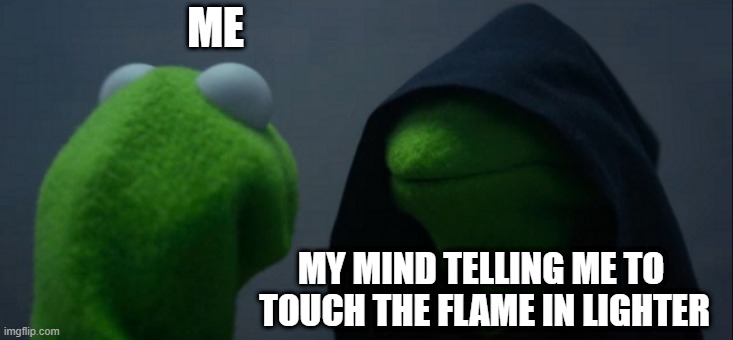 Evil Kermit | ME; MY MIND TELLING ME TO 
TOUCH THE FLAME IN LIGHTER | image tagged in memes,evil kermit | made w/ Imgflip meme maker
