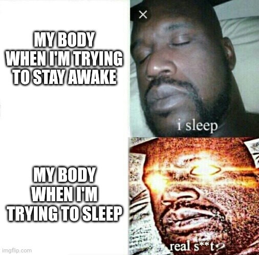 It's a struggle | MY BODY WHEN I'M TRYING TO STAY AWAKE; MY BODY WHEN I'M TRYING TO SLEEP | image tagged in sleeping shaq,i sleep clean,insomnia,narcolepsy | made w/ Imgflip meme maker