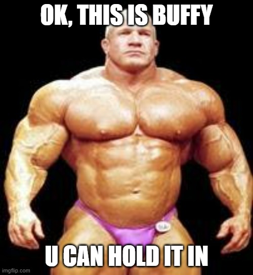 muscles | OK, THIS IS BUFFY; U CAN HOLD IT IN | image tagged in muscles | made w/ Imgflip meme maker