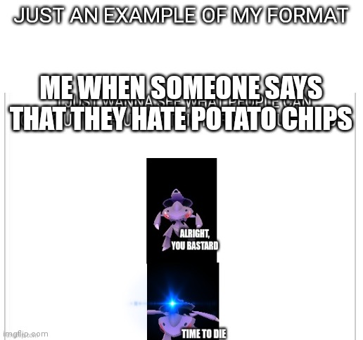 JUST AN EXAMPLE OF MY FORMAT; ME WHEN SOMEONE SAYS THAT THEY HATE POTATO CHIPS | image tagged in blank white template | made w/ Imgflip meme maker