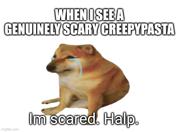 scary stuff | WHEN I SEE A GENUINELY SCARY CREEPYPASTA; Im scared. Halp. | image tagged in cheems | made w/ Imgflip meme maker
