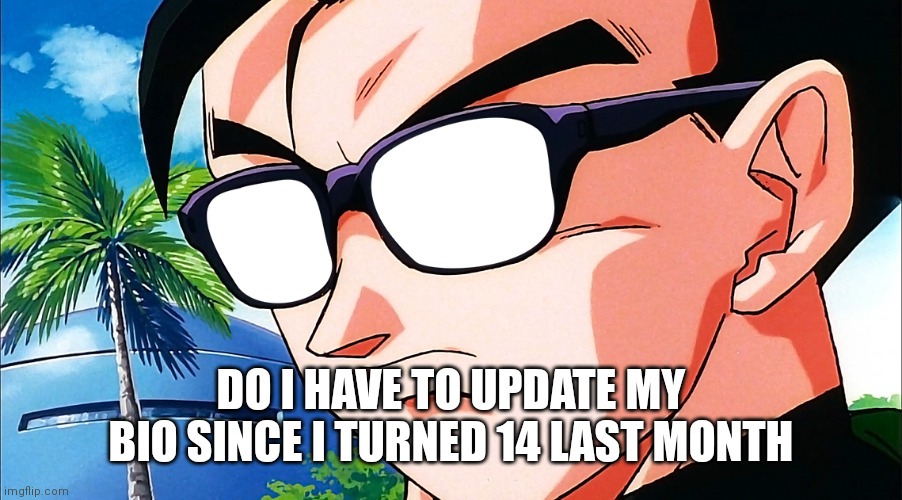 Gohan anteojos sol | DO I HAVE TO UPDATE MY BIO SINCE I TURNED 14 LAST MONTH | image tagged in gohan anteojos sol | made w/ Imgflip meme maker