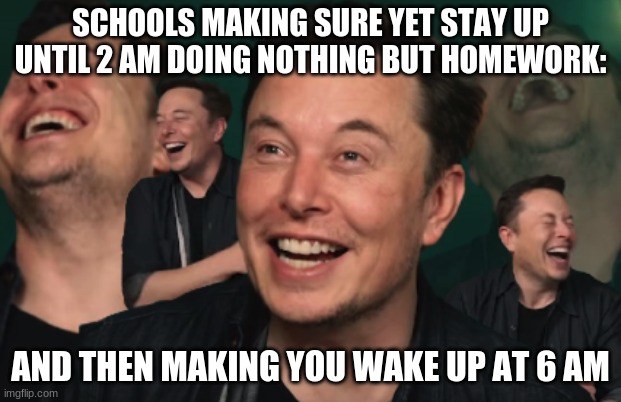 Elon Musk Laughing | SCHOOLS MAKING SURE YET STAY UP UNTIL 2 AM DOING NOTHING BUT HOMEWORK:; AND THEN MAKING YOU WAKE UP AT 6 AM | image tagged in elon musk laughing | made w/ Imgflip meme maker