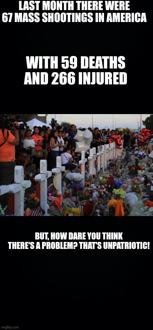 LAST MONTH THERE WERE 67 MASS SHOOTINGS IN AMERICA; WITH 59 DEATHS
AND 266 INJURED; BUT, HOW DARE YOU THINK THERE'S A PROBLEM? THAT'S UNPATRIOTIC! | image tagged in black background | made w/ Imgflip meme maker