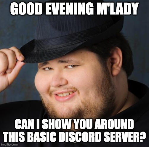 Discord Admin | GOOD EVENING M'LADY CAN I SHOW YOU AROUND THIS BASIC DISCORD SERVER? | image tagged in discord admin | made w/ Imgflip meme maker