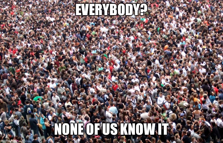 crowd of people | EVERYBODY? NONE OF US KNOW IT | image tagged in crowd of people | made w/ Imgflip meme maker