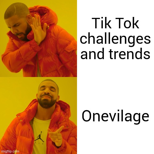 Drake Hotline Bling Meme | Tik Tok challenges and trends; Onevilage | image tagged in memes,drake hotline bling | made w/ Imgflip meme maker