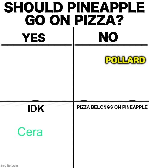 PIZZA BELONGS ON PINEAPPLE; IDK; Cera | made w/ Imgflip meme maker