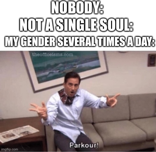 parkour! | NOBODY:; NOT A SINGLE SOUL:; MY GENDER SEVERAL TIMES A DAY: | image tagged in parkour | made w/ Imgflip meme maker