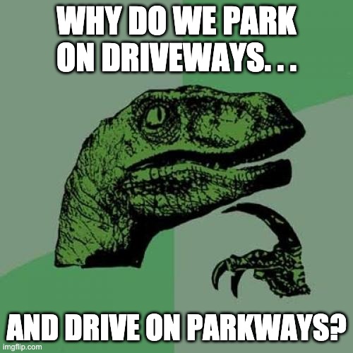 the question of the year | WHY DO WE PARK ON DRIVEWAYS. . . AND DRIVE ON PARKWAYS? | image tagged in memes,philosoraptor,question,why | made w/ Imgflip meme maker