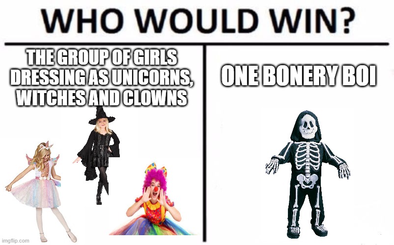 1v1 me, girls, i bet i would win. |  THE GROUP OF GIRLS DRESSING AS UNICORNS, WITCHES AND CLOWNS; ONE BONERY BOI | image tagged in memes,who would win | made w/ Imgflip meme maker