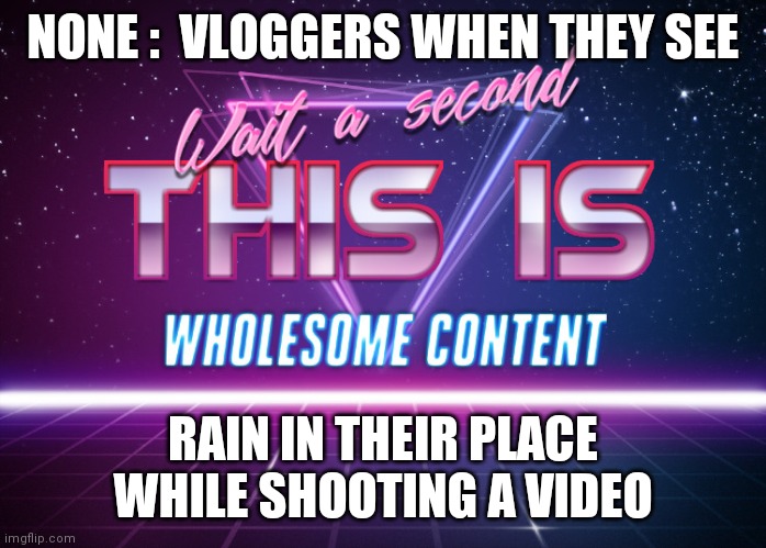 Wait a second this is wholesome content | NONE :  VLOGGERS WHEN THEY SEE; RAIN IN THEIR PLACE WHILE SHOOTING A VIDEO | image tagged in wait a second this is wholesome content | made w/ Imgflip meme maker