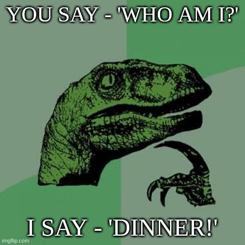 Philosoraptor | YOU SAY - 'WHO AM I?'; I SAY - 'DINNER!' | image tagged in memes,philosoraptor | made w/ Imgflip meme maker