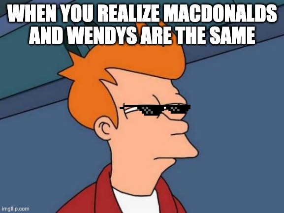 Futurama Fry | WHEN YOU REALIZE MACDONALDS AND WENDYS ARE THE SAME | image tagged in memes,futurama fry | made w/ Imgflip meme maker