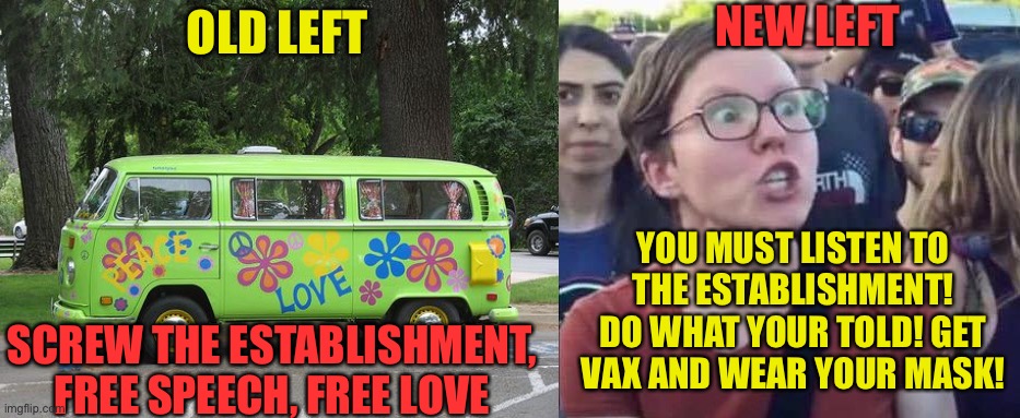 NEW LEFT; OLD LEFT; YOU MUST LISTEN TO THE ESTABLISHMENT! DO WHAT YOUR TOLD! GET VAX AND WEAR YOUR MASK! SCREW THE ESTABLISHMENT, FREE SPEECH, FREE LOVE | image tagged in hippie van,angry liberal | made w/ Imgflip meme maker