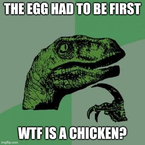 Philosoraptor Meme | THE EGG HAD TO BE FIRST; WTF IS A CHICKEN? | image tagged in memes,philosoraptor | made w/ Imgflip meme maker