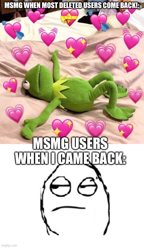 MSMG WHEN MOST DELETED USERS COME BACK!:; MSMG USERS WHEN I CAME BACK: | image tagged in kermit in love,meh | made w/ Imgflip meme maker