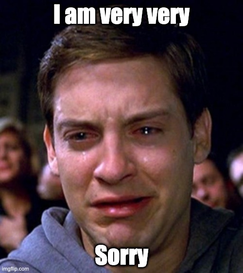 crying peter parker | I am very very; Sorry | image tagged in crying peter parker | made w/ Imgflip meme maker
