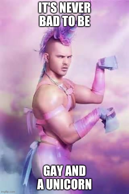 Gay Unicorn | IT'S NEVER BAD TO BE; GAY AND A UNICORN | image tagged in gay unicorn | made w/ Imgflip meme maker