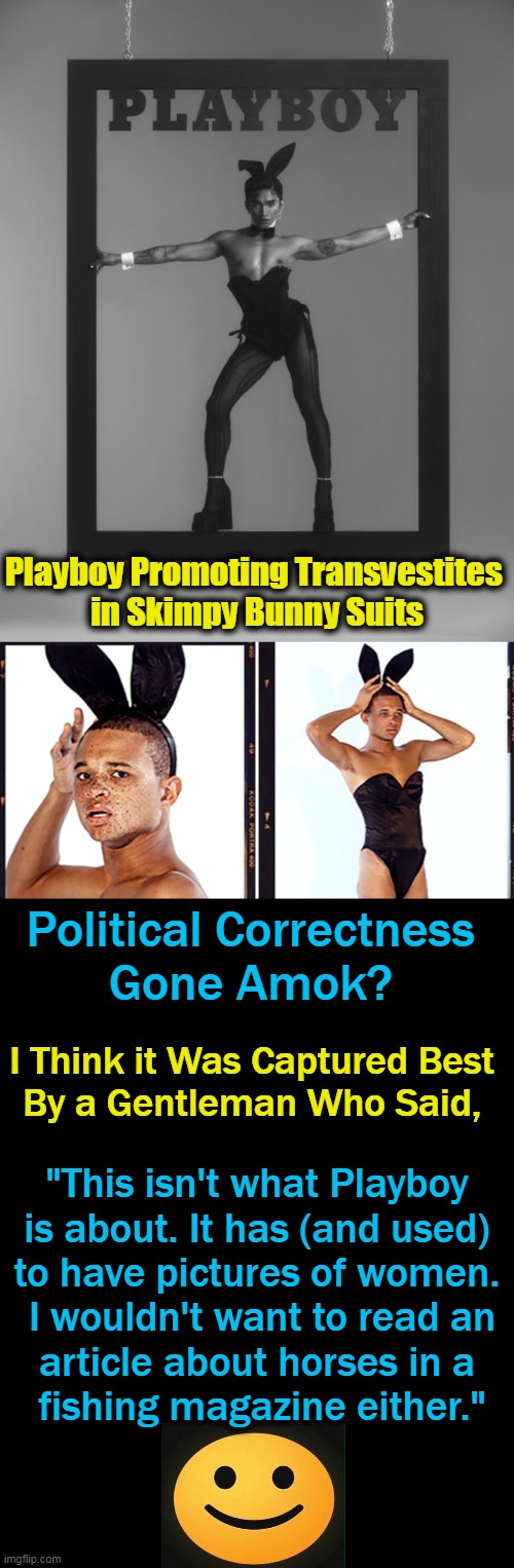 Will Sales Plummet When Reality Trumps Political Correctness? | Playboy Promoting Transvestites 
in Skimpy Bunny Suits; Political Correctness 
Gone Amok? I Think it Was Captured Best 
By a Gentleman Who Said, "This isn't what Playboy 
is about. It has (and used) 
to have pictures of women. 
I wouldn't want to read an
article about horses in a 
fishing magazine either." | image tagged in politics,political correctness,political humor,men women | made w/ Imgflip meme maker