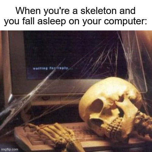 Because I couldn't find a more creative way to use this meme- |  When you're a skeleton and you fall asleep on your computer: | image tagged in skeleton computer,antimeme,anti-joke,skeleton,skeletons | made w/ Imgflip meme maker