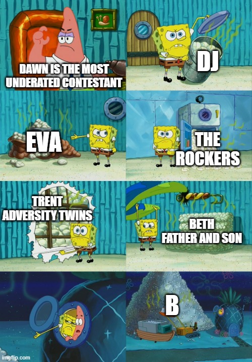 total drama meme |  DJ; DAWN IS THE MOST UNDERATED CONTESTANT; EVA; THE ROCKERS; TRENT
ADVERSITY TWINS; BETH
FATHER AND SON; B | image tagged in spongebob diapers meme,total drama,memes,dank,lol | made w/ Imgflip meme maker