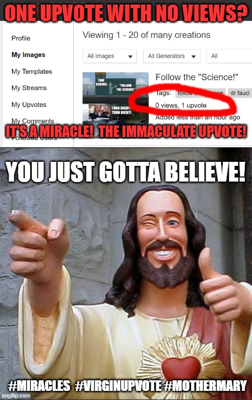 The Immaculate Upvote! | ONE UPVOTE WITH NO VIEWS? IT'S A MIRACLE!  THE IMMACULATE UPVOTE! YOU JUST GOTTA BELIEVE! #MIRACLES  #VIRGINUPVOTE #MOTHERMARY | image tagged in memes,buddy christ,upvote,mirace,virgin mary,jesus | made w/ Imgflip meme maker