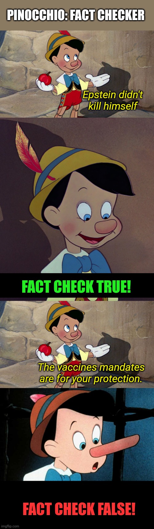 Fact Checkers |  PINOCCHIO: FACT CHECKER; Epstein didn't kill himself; FACT CHECK TRUE! The vaccines mandates are for your protection. FACT CHECK FALSE! | image tagged in fact check,and thats a fact,pinocchio | made w/ Imgflip meme maker